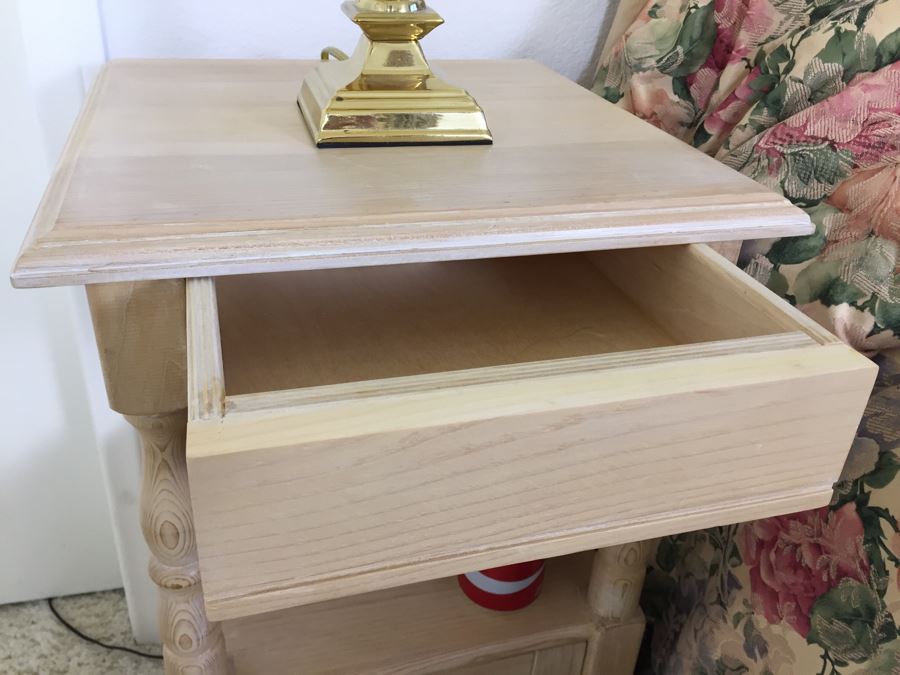 Turned Wood Side Table Nightstand With Lower Cabinet And Brass Table Lamp [Photo 11]