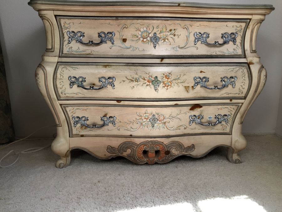Stunning Large Bow Front Commode Wooden Chest Of Drawers Dresser With Ornate Metal Pulls And Floral Embelishments [Photo 4]