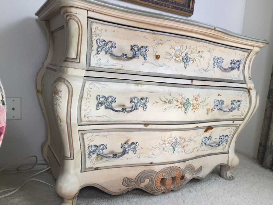 Stunning Large Bow Front Commode Wooden Chest Of Drawers Dresser With Ornate Metal Pulls And Floral Embelishments [Photo 6]