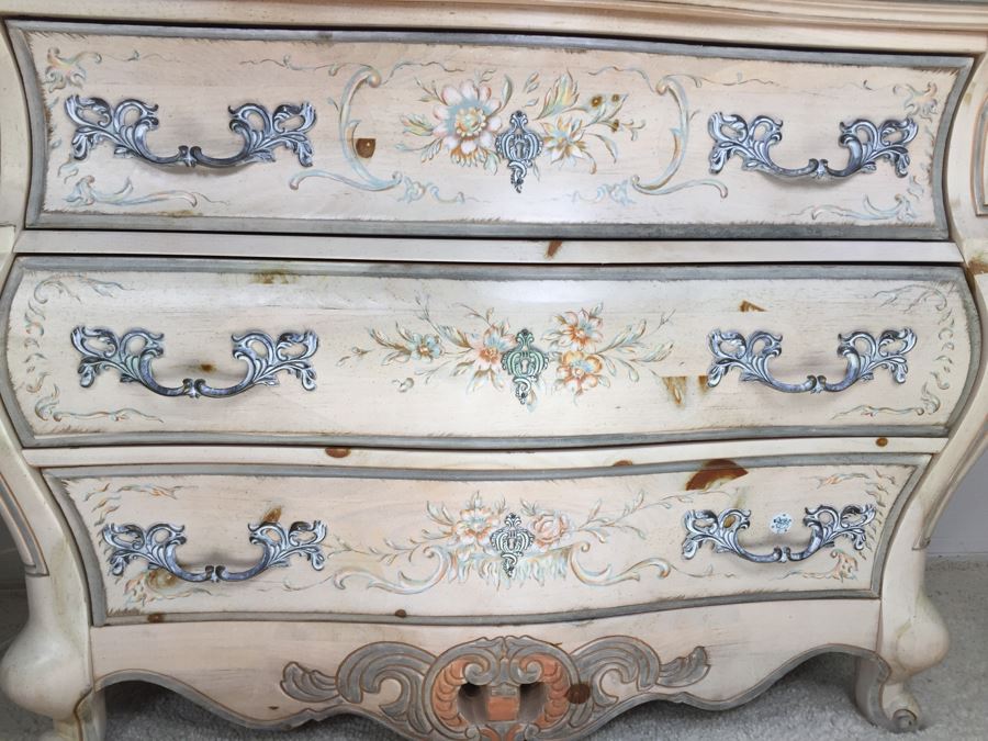 Stunning Large Bow Front Commode Wooden Chest Of Drawers Dresser With Ornate Metal Pulls And Floral Embelishments [Photo 5]