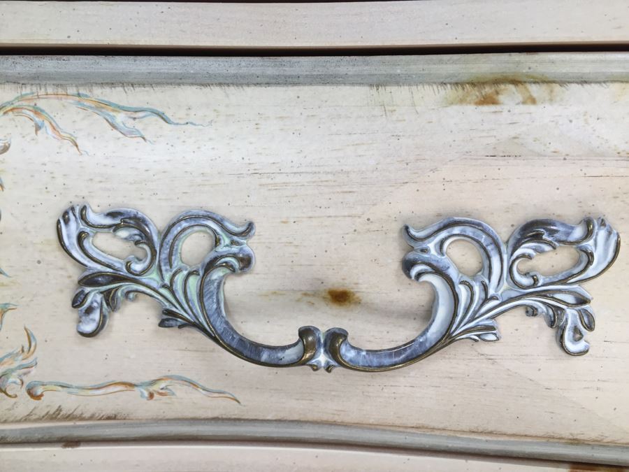 Stunning Large Bow Front Commode Wooden Chest Of Drawers Dresser With Ornate Metal Pulls And Floral Embelishments [Photo 9]