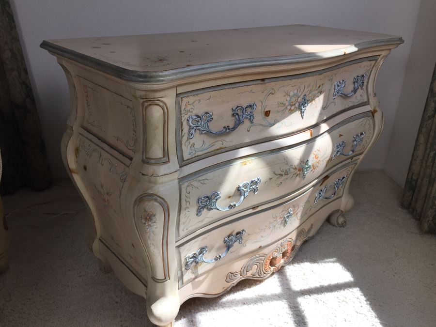 Stunning Large Bow Front Commode Wooden Chest Of Drawers Dresser With Ornate Metal Pulls And Floral Embelishments [Photo 15]