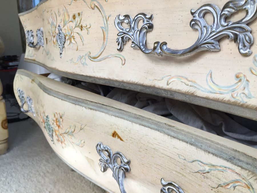 Stunning Large Bow Front Commode Wooden Chest Of Drawers Dresser With Ornate Metal Pulls And Floral Embelishments [Photo 3]