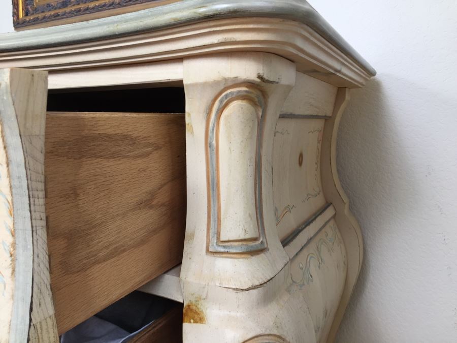 Stunning Large Bow Front Commode Wooden Chest Of Drawers Dresser With Ornate Metal Pulls And Floral Embelishments [Photo 13]