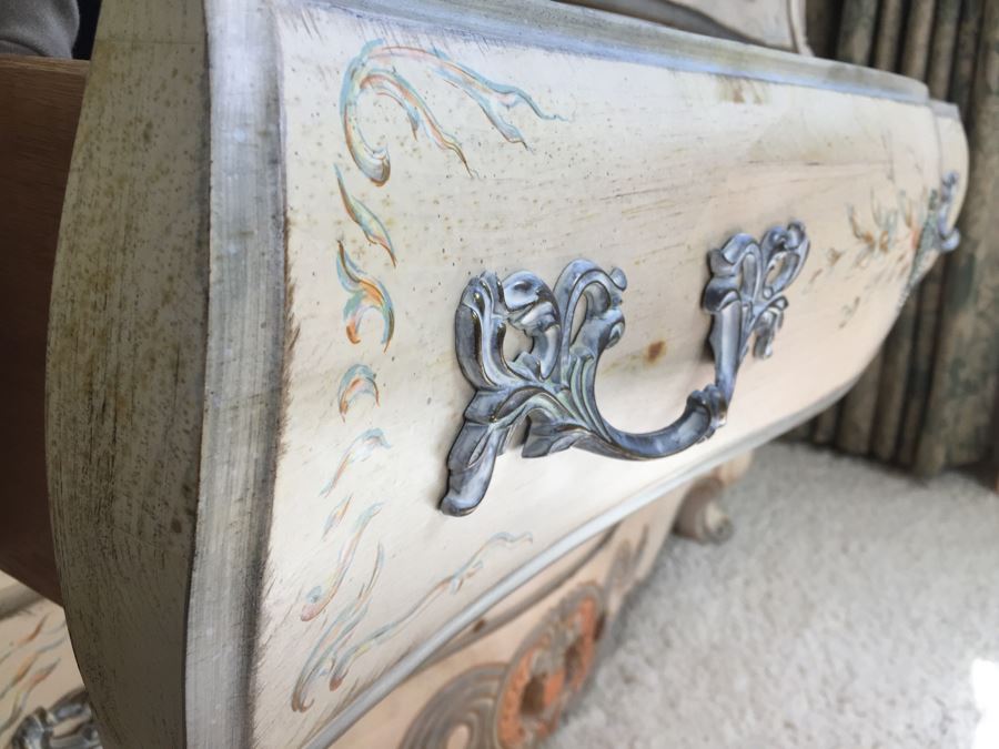 Stunning Large Bow Front Commode Wooden Chest Of Drawers Dresser With Ornate Metal Pulls And Floral Embelishments [Photo 10]