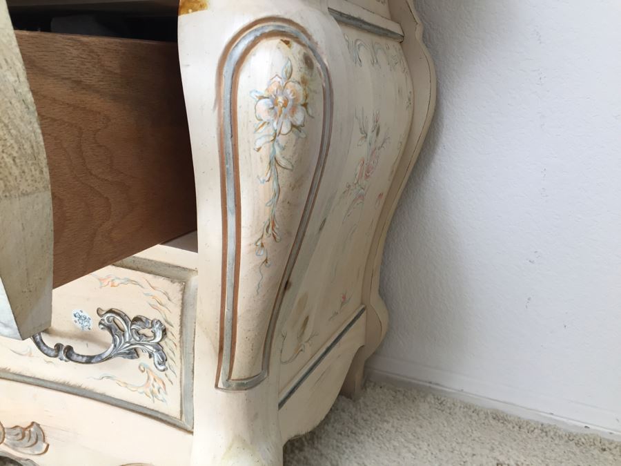 Stunning Large Bow Front Commode Wooden Chest Of Drawers Dresser With Ornate Metal Pulls And Floral Embelishments [Photo 12]