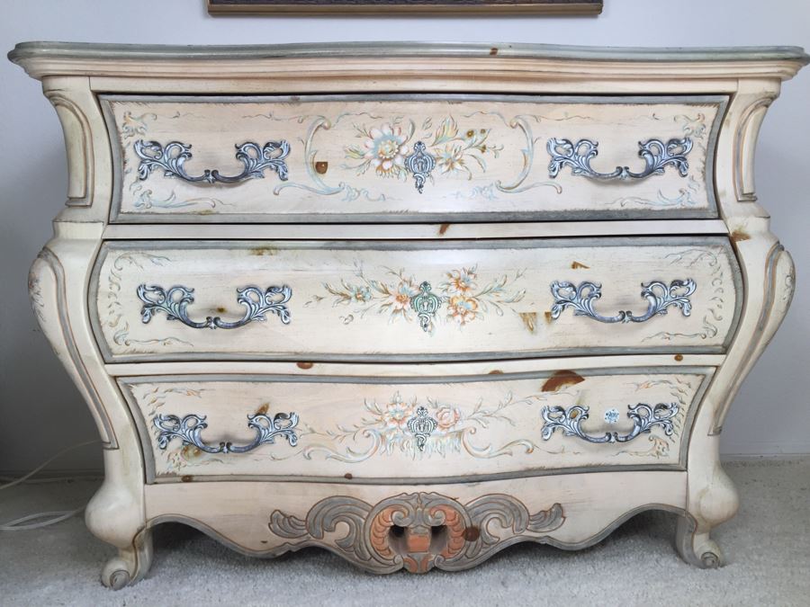 Stunning Large Bow Front Commode Wooden Chest Of Drawers Dresser With Ornate Metal Pulls And Floral Embelishments