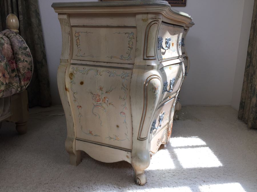 Stunning Large Bow Front Commode Wooden Chest Of Drawers Dresser With Ornate Metal Pulls And Floral Embelishments [Photo 16]