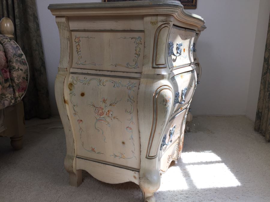 Stunning Large Bow Front Commode Wooden Chest Of Drawers Dresser With Ornate Metal Pulls And Floral Embelishments [Photo 2]