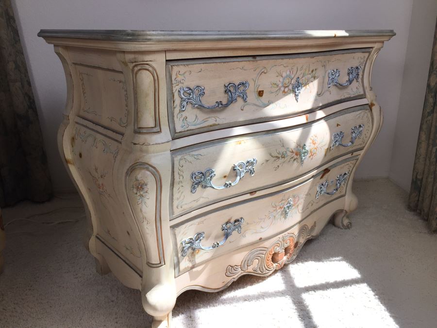 Stunning Large Bow Front Commode Wooden Chest Of Drawers Dresser With Ornate Metal Pulls And Floral Embelishments [Photo 14]