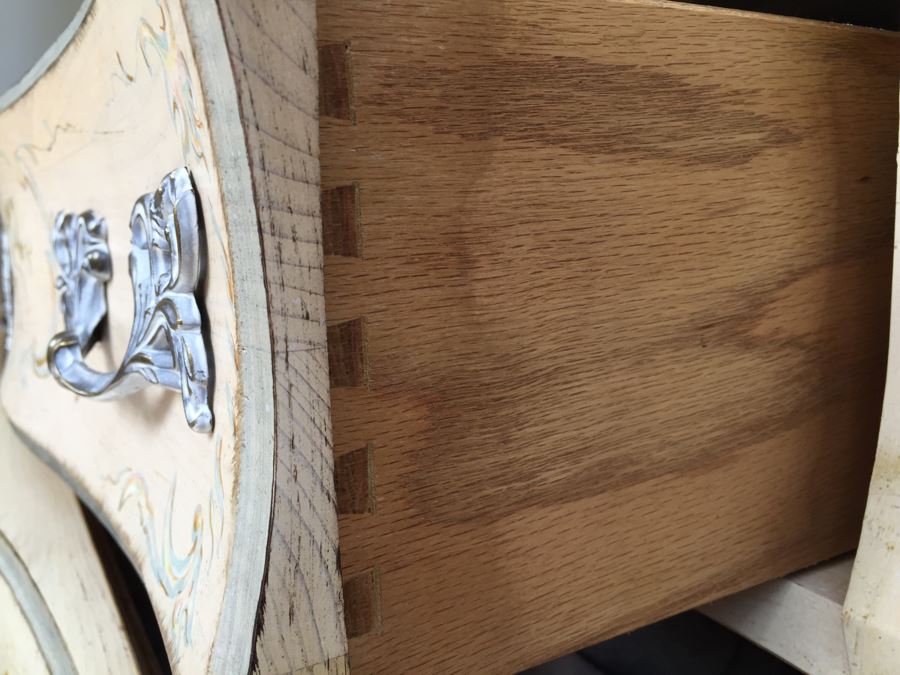 Stunning Large Bow Front Commode Wooden Chest Of Drawers Dresser With Ornate Metal Pulls And Floral Embelishments [Photo 11]