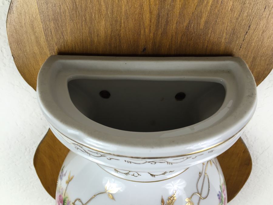 Vintage Lavabo Porcelain Wall Fountain Water Tank And Basin With Gilt Floral Motif And Brass Spigot Mounted To A Wood Plaque [Photo 12]