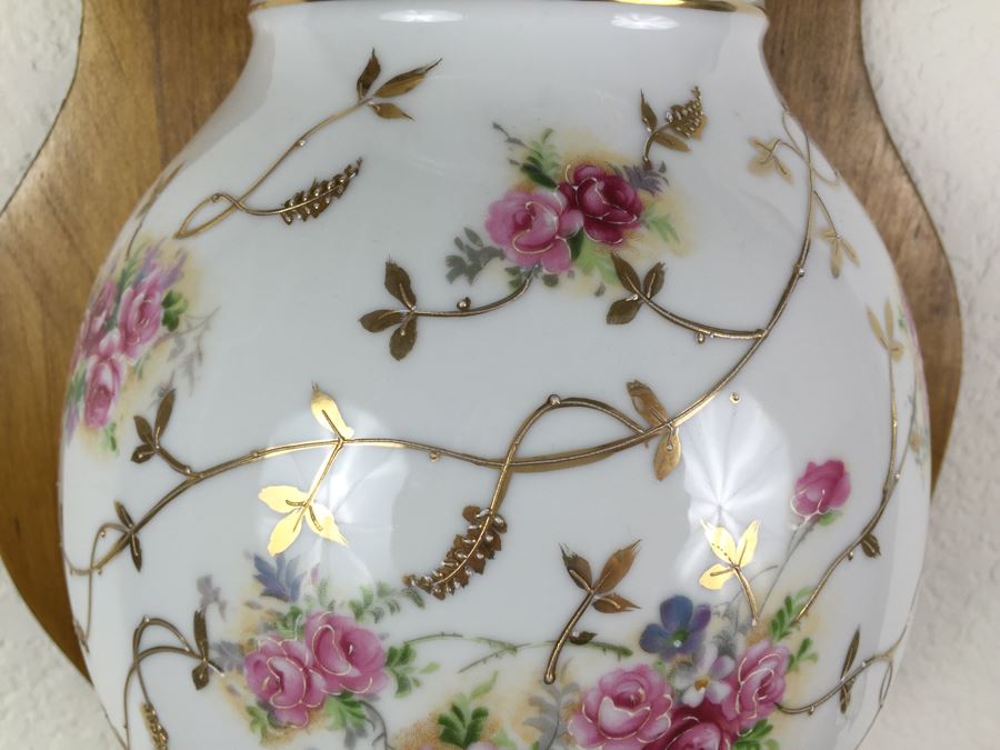 Vintage Lavabo Porcelain Wall Fountain Water Tank And Basin With Gilt Floral Motif And Brass Spigot Mounted To A Wood Plaque [Photo 11]