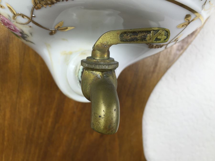 Vintage Lavabo Porcelain Wall Fountain Water Tank And Basin With Gilt Floral Motif And Brass Spigot Mounted To A Wood Plaque [Photo 3]