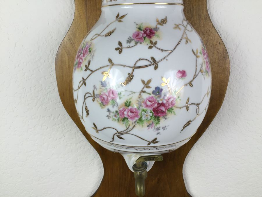 Vintage Lavabo Porcelain Wall Fountain Water Tank And Basin With Gilt Floral Motif And Brass Spigot Mounted To A Wood Plaque [Photo 5]