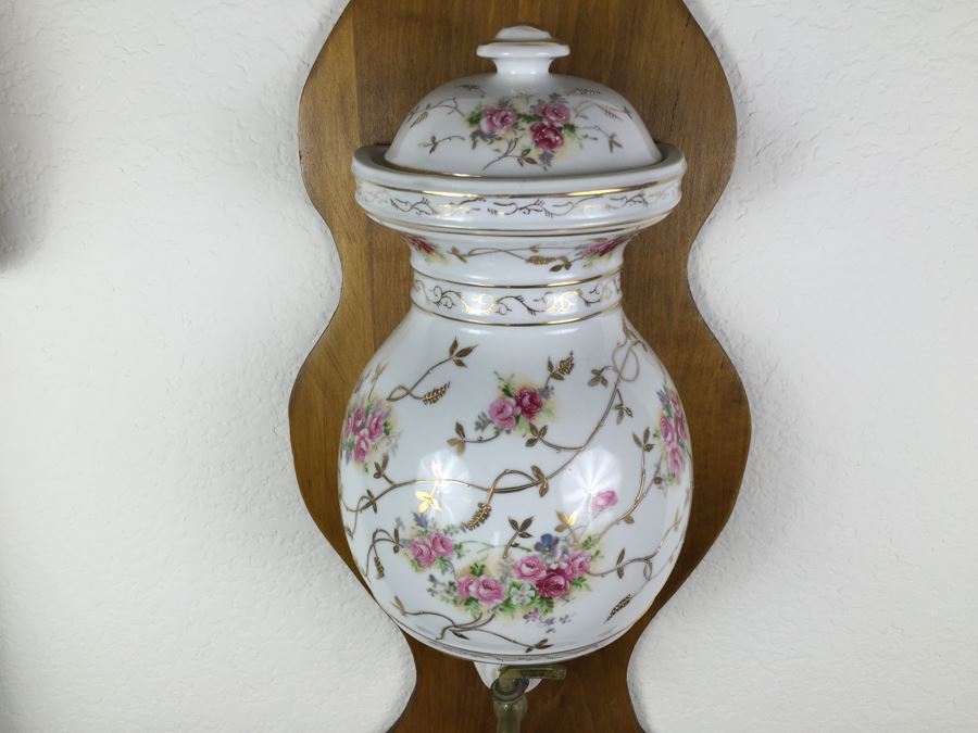 Vintage Lavabo Porcelain Wall Fountain Water Tank And Basin With Gilt Floral Motif And Brass Spigot Mounted To A Wood Plaque [Photo 4]