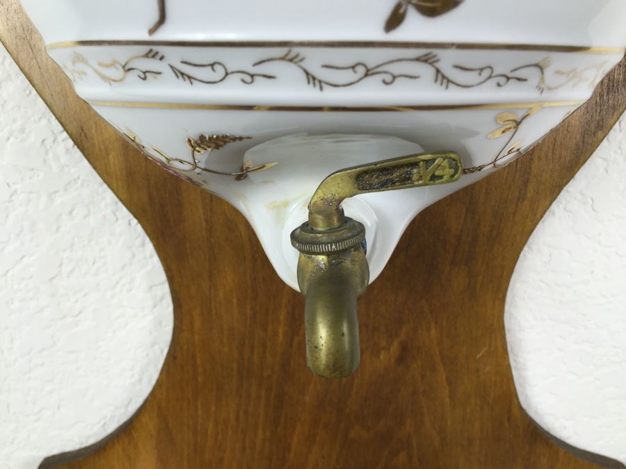 Vintage Lavabo Porcelain Wall Fountain Water Tank And Basin With Gilt Floral Motif And Brass Spigot Mounted To A Wood Plaque [Photo 6]