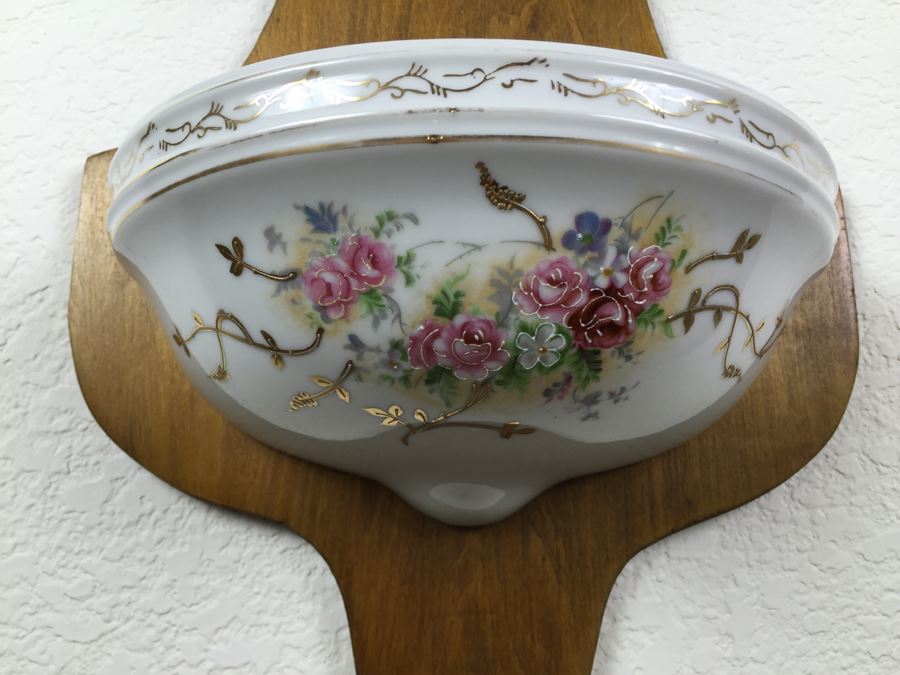 Vintage Lavabo Porcelain Wall Fountain Water Tank And Basin With Gilt Floral Motif And Brass Spigot Mounted To A Wood Plaque [Photo 7]