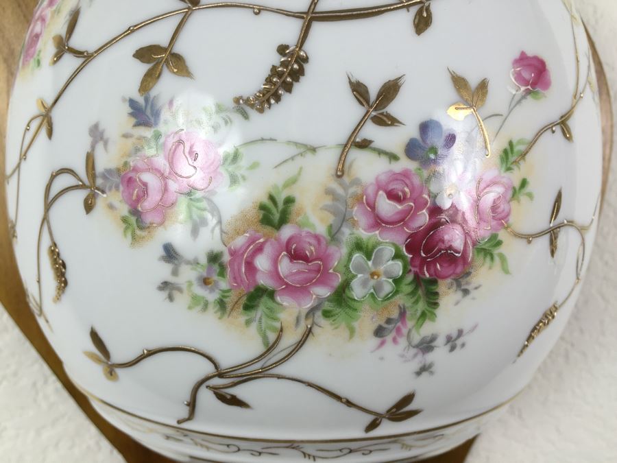 Vintage Lavabo Porcelain Wall Fountain Water Tank And Basin With Gilt Floral Motif And Brass Spigot Mounted To A Wood Plaque [Photo 10]