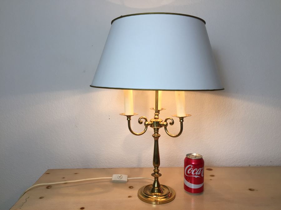 Vintage Brass Three Arm Lamp With White Shade [Photo 1]