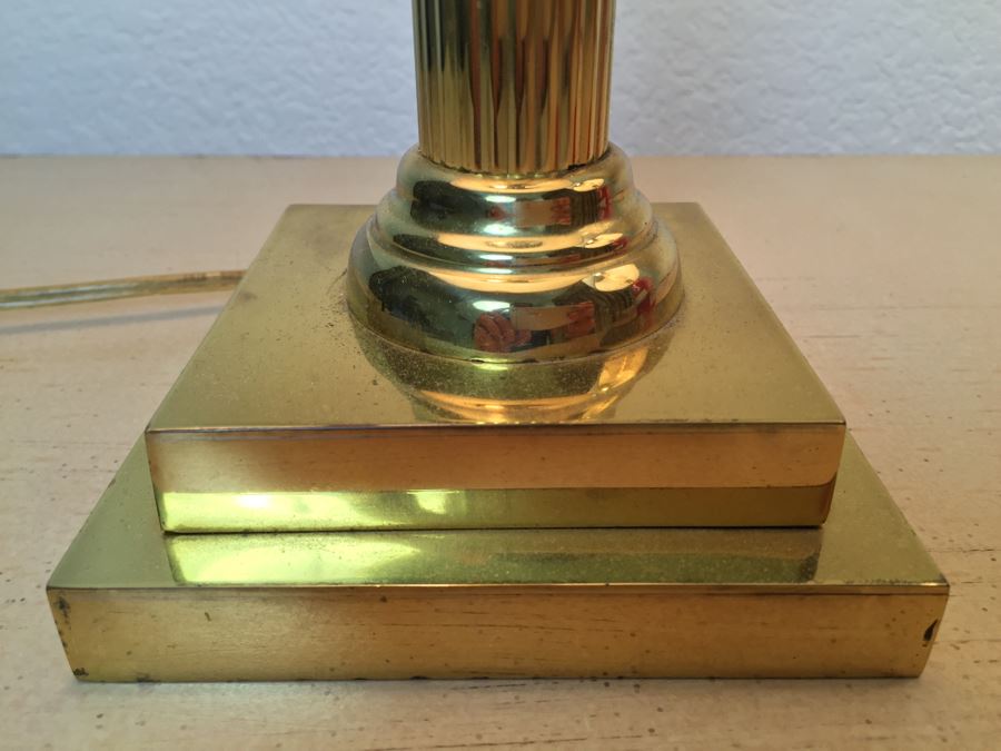 Pair Of Stunning Heavy Brass Architectural Table Lamps With White Shades [Photo 6]