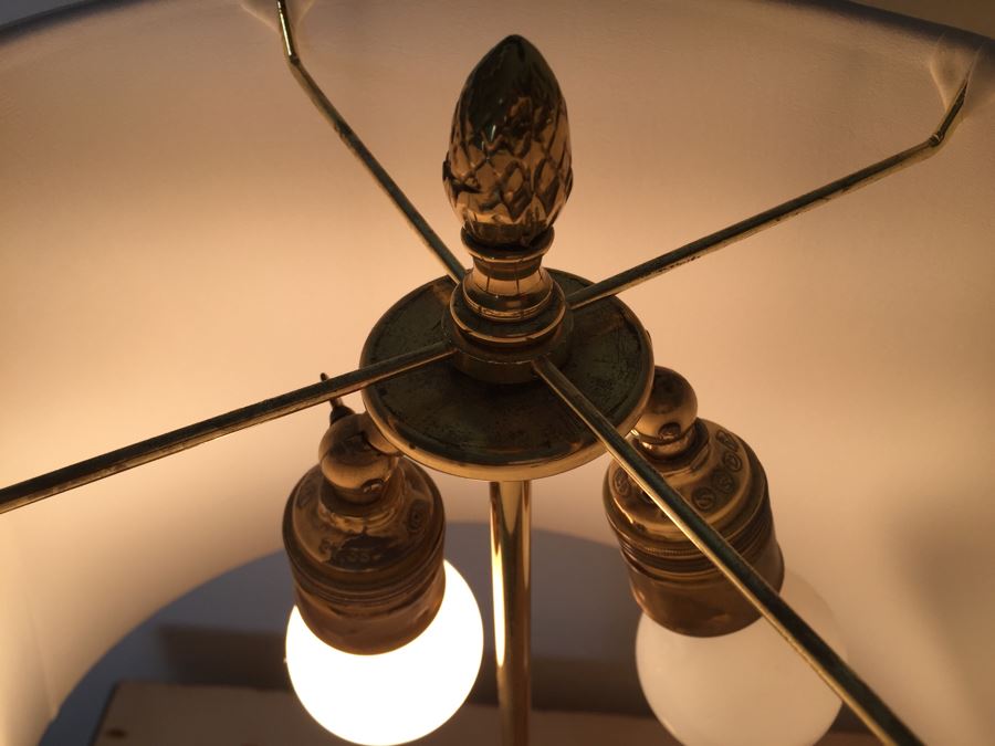 Pair Of Stunning Heavy Brass Architectural Table Lamps With White Shades [Photo 9]