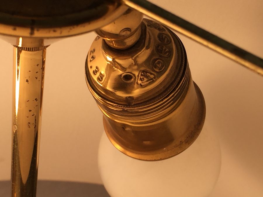 Pair Of Stunning Heavy Brass Architectural Table Lamps With White Shades [Photo 12]