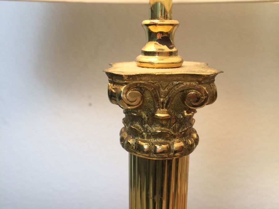 Pair Of Stunning Heavy Brass Architectural Table Lamps With White Shades [Photo 2]