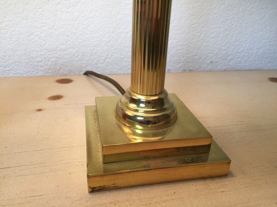 Pair Of Stunning Heavy Brass Architectural Table Lamps With White Shades [Photo 8]