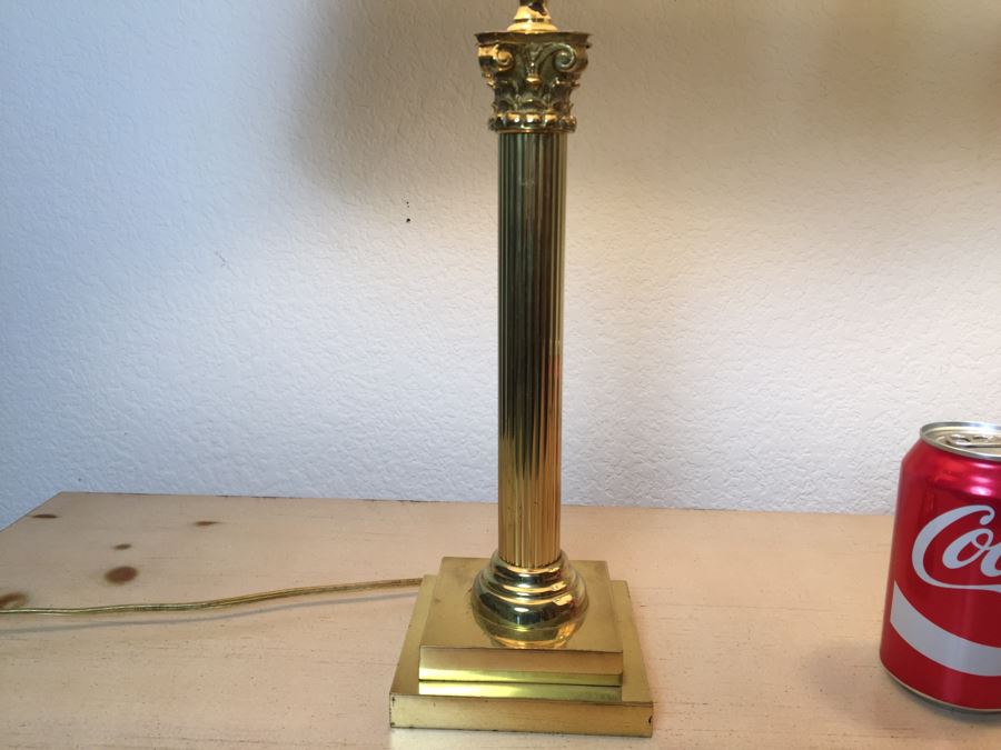 Pair Of Stunning Heavy Brass Architectural Table Lamps With White Shades [Photo 5]