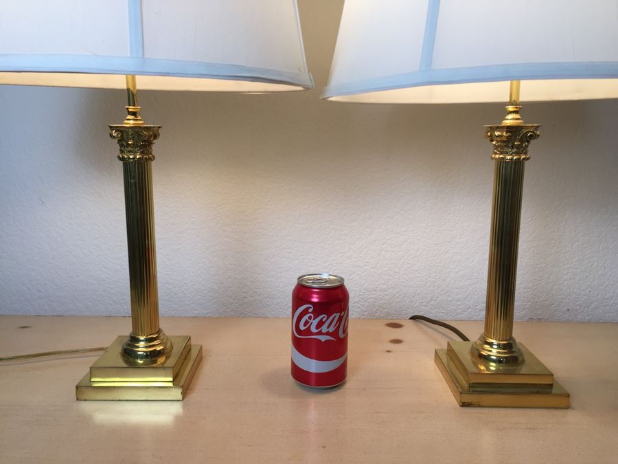 Pair Of Stunning Heavy Brass Architectural Table Lamps With White Shades [Photo 4]