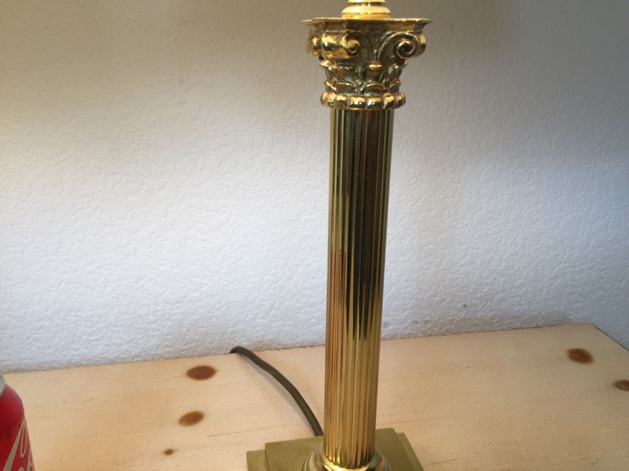 Pair Of Stunning Heavy Brass Architectural Table Lamps With White Shades [Photo 7]