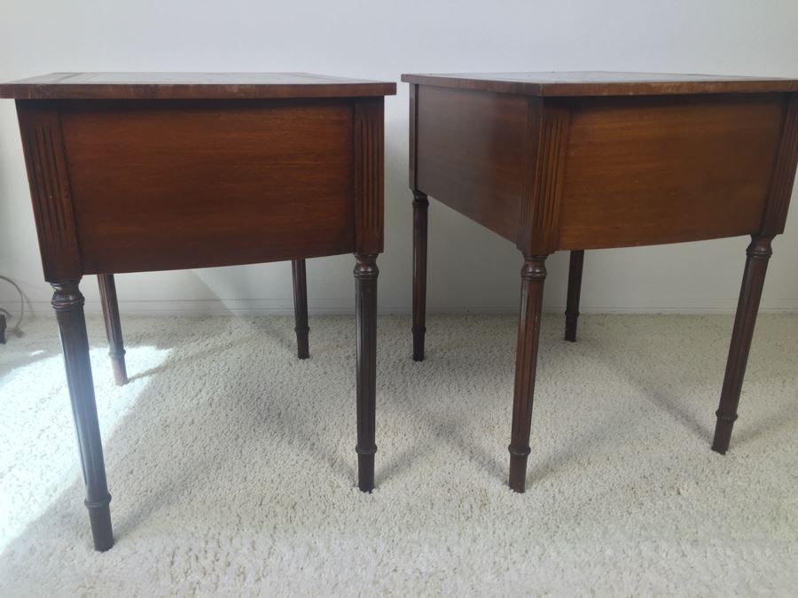 Pair Of Vintage Inlaid Leather Wooden Side Tables Nightstands Made By Reprodux Bevan Funnell Ltd Newhaven, England [Photo 14]