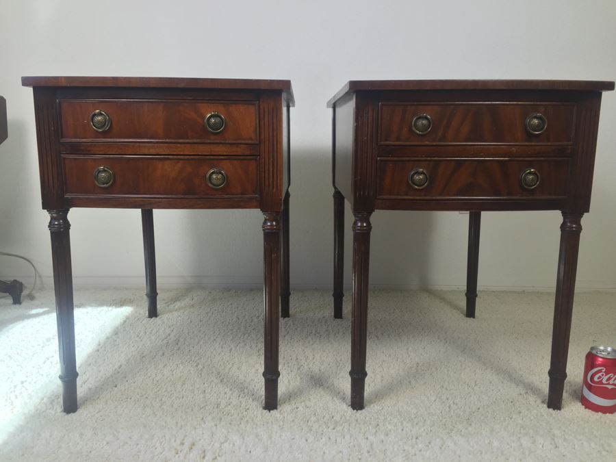 Pair Of Vintage Inlaid Leather Wooden Side Tables Nightstands Made By Reprodux Bevan Funnell Ltd Newhaven, England