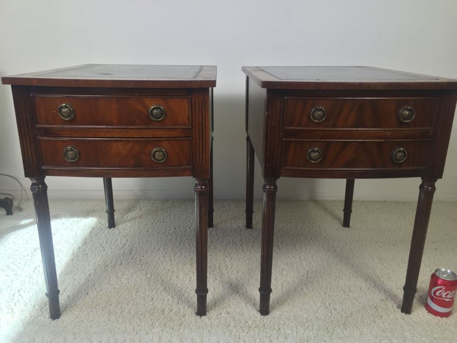 Pair Of Vintage Inlaid Leather Wooden Side Tables Nightstands Made By Reprodux Bevan Funnell Ltd Newhaven, England [Photo 5]
