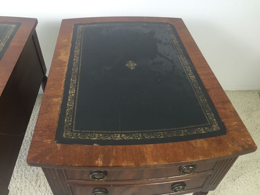 Pair Of Vintage Inlaid Leather Wooden Side Tables Nightstands Made By Reprodux Bevan Funnell Ltd Newhaven, England [Photo 8]