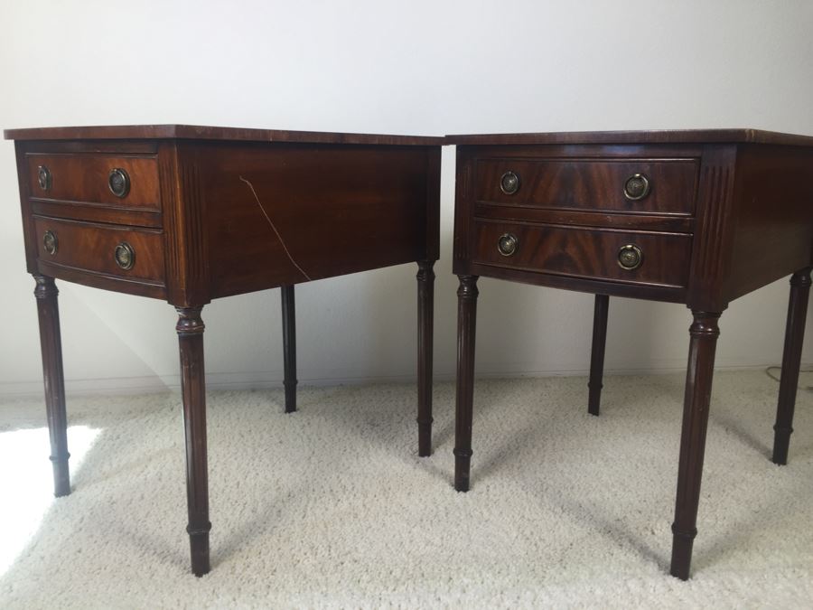 Pair Of Vintage Inlaid Leather Wooden Side Tables Nightstands Made By Reprodux Bevan Funnell Ltd Newhaven, England [Photo 13]