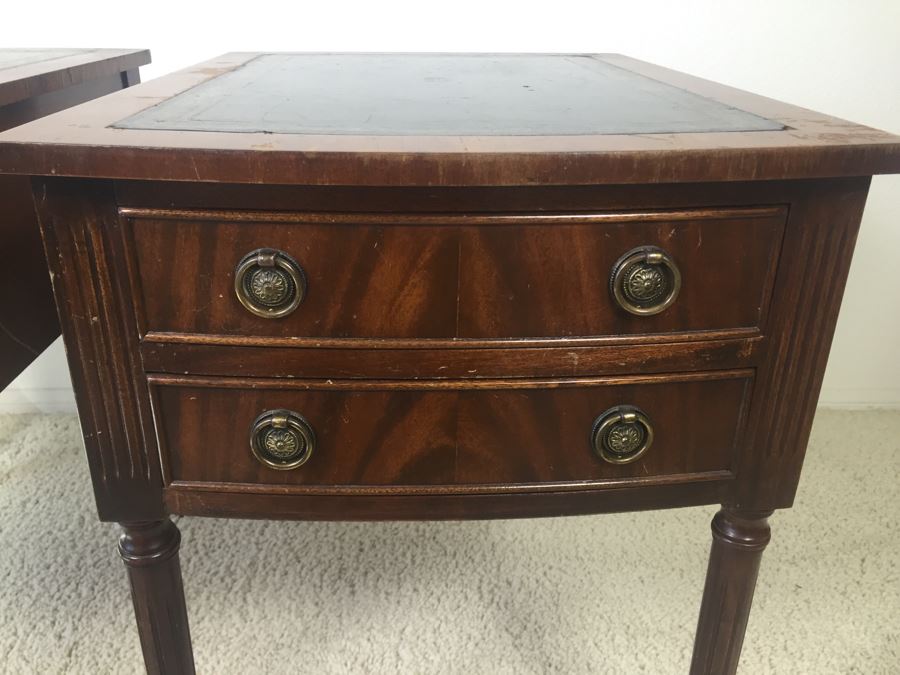 Pair Of Vintage Inlaid Leather Wooden Side Tables Nightstands Made By Reprodux Bevan Funnell Ltd Newhaven, England [Photo 9]