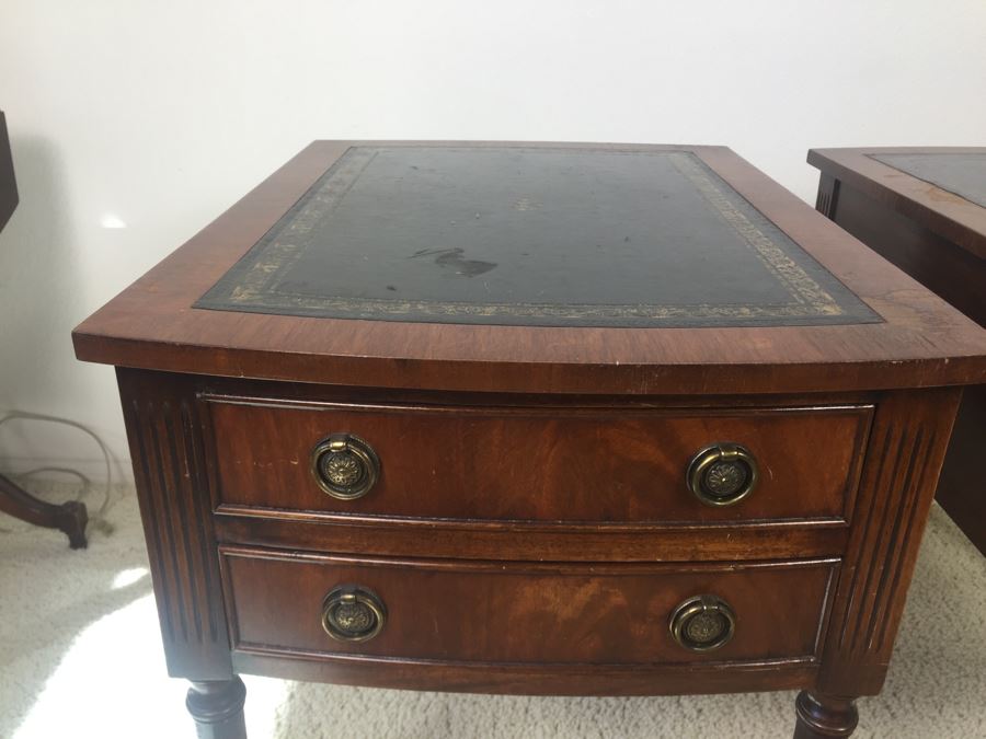Pair Of Vintage Inlaid Leather Wooden Side Tables Nightstands Made By Reprodux Bevan Funnell Ltd Newhaven, England [Photo 7]