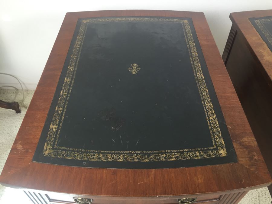 Pair Of Vintage Inlaid Leather Wooden Side Tables Nightstands Made By Reprodux Bevan Funnell Ltd Newhaven, England [Photo 3]