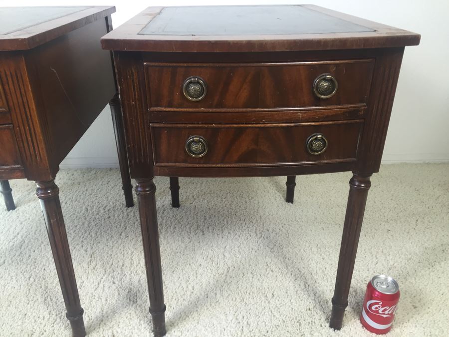 Pair Of Vintage Inlaid Leather Wooden Side Tables Nightstands Made By Reprodux Bevan Funnell Ltd Newhaven, England [Photo 10]