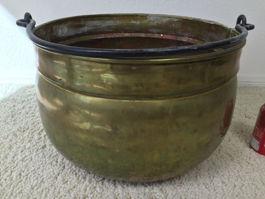 Large Hand Hammered Brass Pot With Wrought Iron Handle