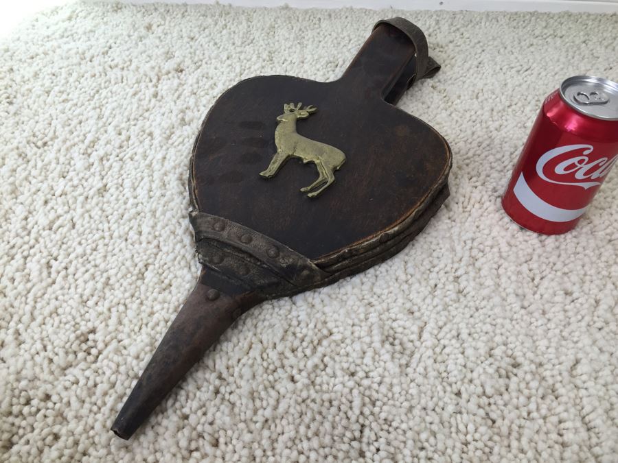 Vintage Wooden Fireplace Bellows With Brass Deer Plaque [Photo 1]
