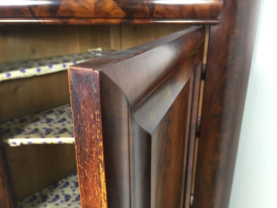 STUNNING Antique Burled Walnut Corner Cupboard China Cabinet With Lockable Door And Drawer And Skeleton Key [Photo 16]