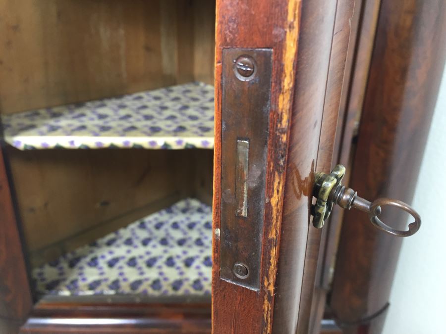 STUNNING Antique Burled Walnut Corner Cupboard China Cabinet With Lockable Door And Drawer And Skeleton Key [Photo 14]