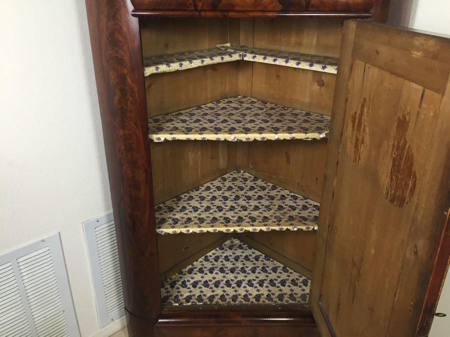 STUNNING Antique Burled Walnut Corner Cupboard China Cabinet With Lockable Door And Drawer And Skeleton Key [Photo 17]