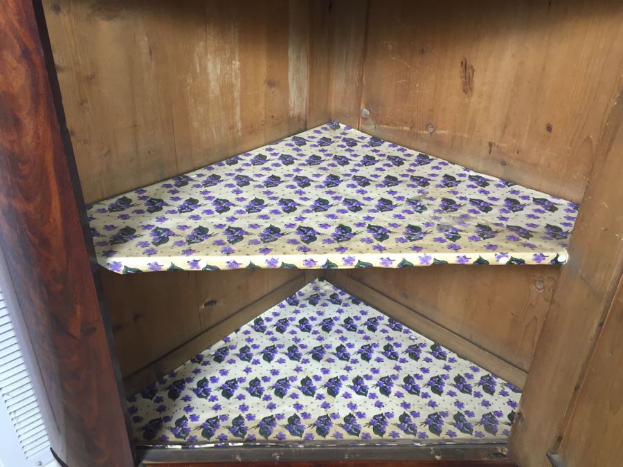 STUNNING Antique Burled Walnut Corner Cupboard China Cabinet With Lockable Door And Drawer And Skeleton Key [Photo 19]