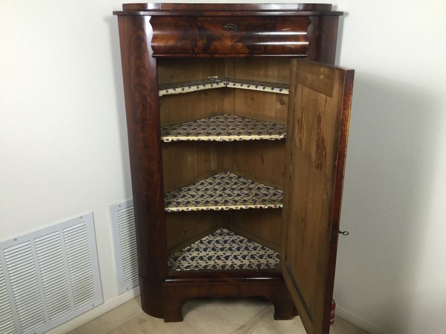 STUNNING Antique Burled Walnut Corner Cupboard China Cabinet With Lockable Door And Drawer And Skeleton Key [Photo 2]