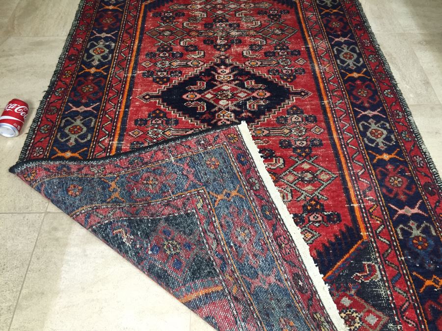 Hand Knotted Wool Persian Area Rug With Geometric Patterns Reds Blues [Photo 11]