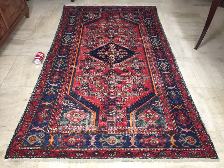 Hand Knotted Wool Persian Area Rug With Geometric Patterns Reds Blues [Photo 4]